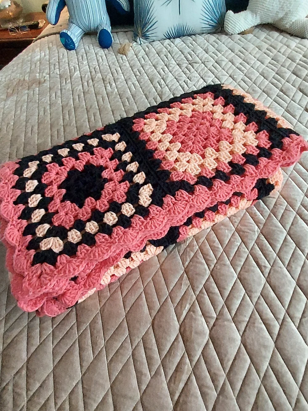 Handmade Melon, Black & Pink Crochet Granny Square Throw Blanket -Cozy 48